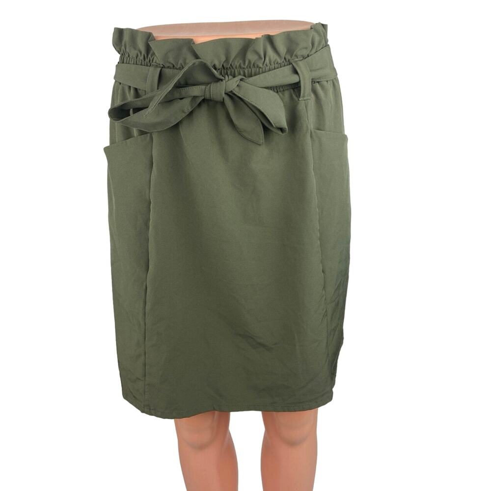 Mondetta Green Belted High Waisted Pockets Paperbag Pencil Mini Skirt Size M